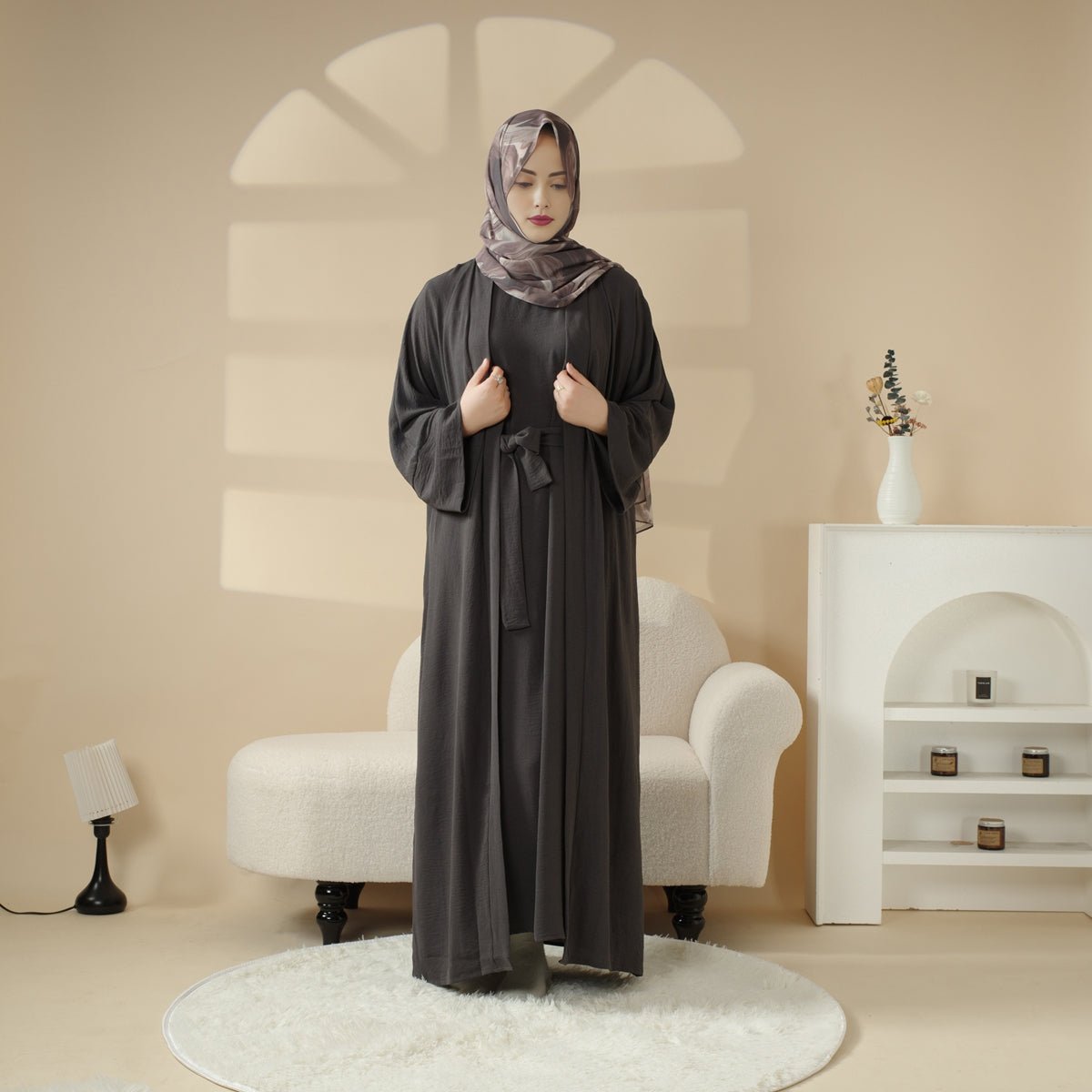 New Crepe Pocket 3 - Piece Set Open Abaya (MOA087) - Mariam's Collection