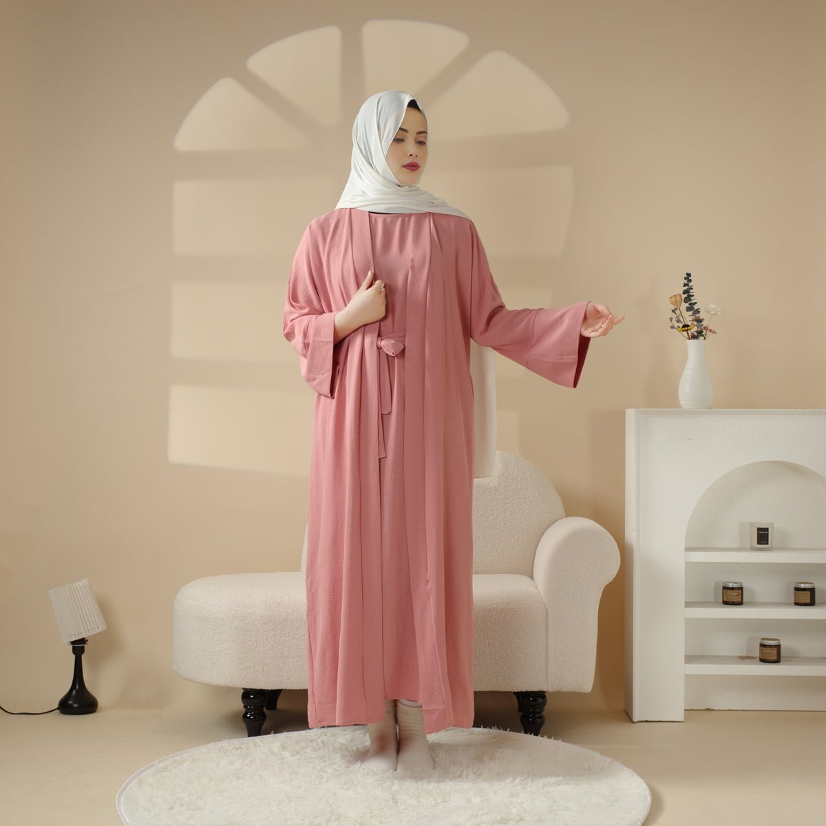 Open Crepe Abaya With Inner Dress & Matching Belt (MOA087)