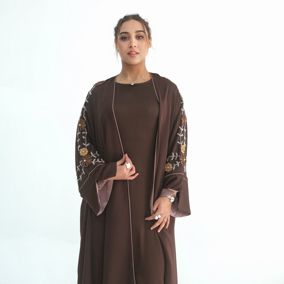 Nida Abaya with Hand - Beaded Floral Sleeves(MOA290) - Mariam's Collection
