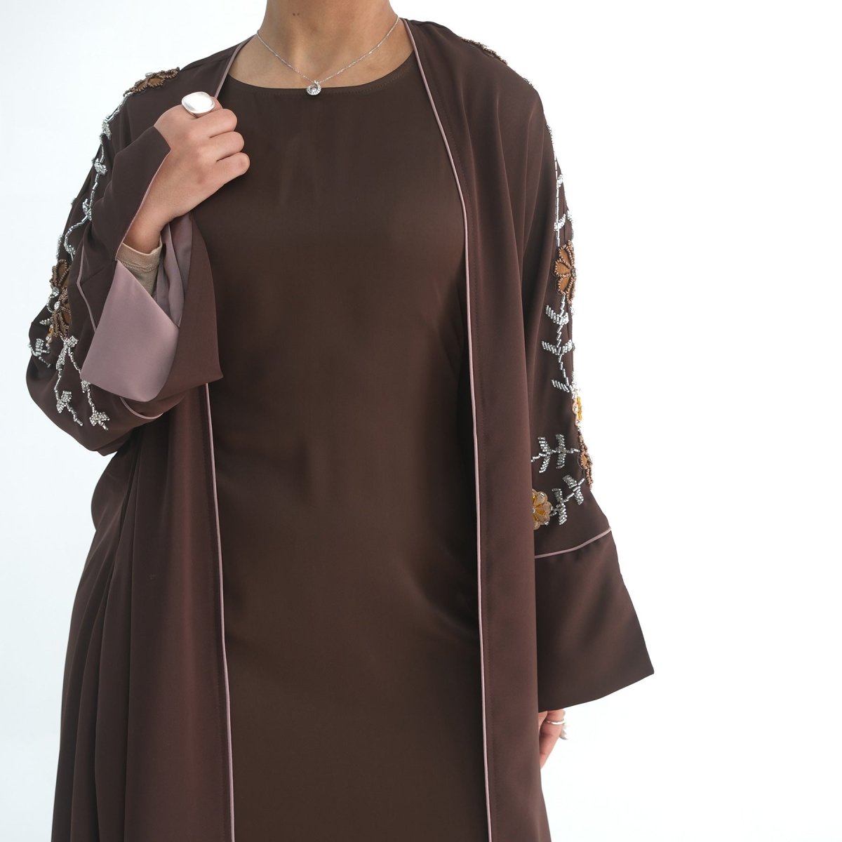 Nida Abaya with Hand - Beaded Floral Sleeves(MOA290) - Mariam's Collection