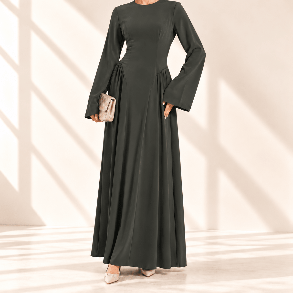 Nida Flared Maxi Dress with Pleated A-Line Skirt & Wide Bell Sleeves(MS435) - Mariam's Collection