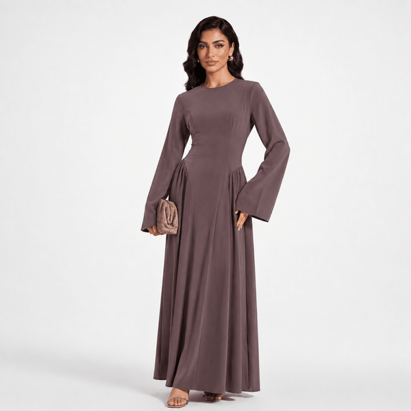 Nida Flared Maxi Dress – Pleated A-Line & Bell Sleeves