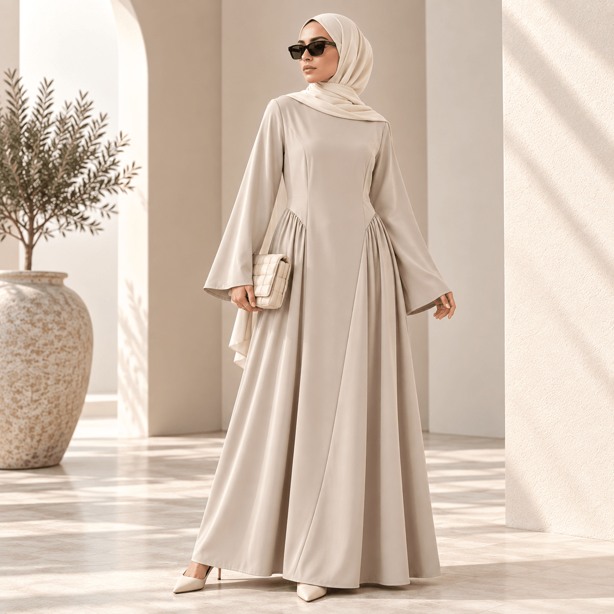 Side view of pleated A-line nida abaya showing skirt volume