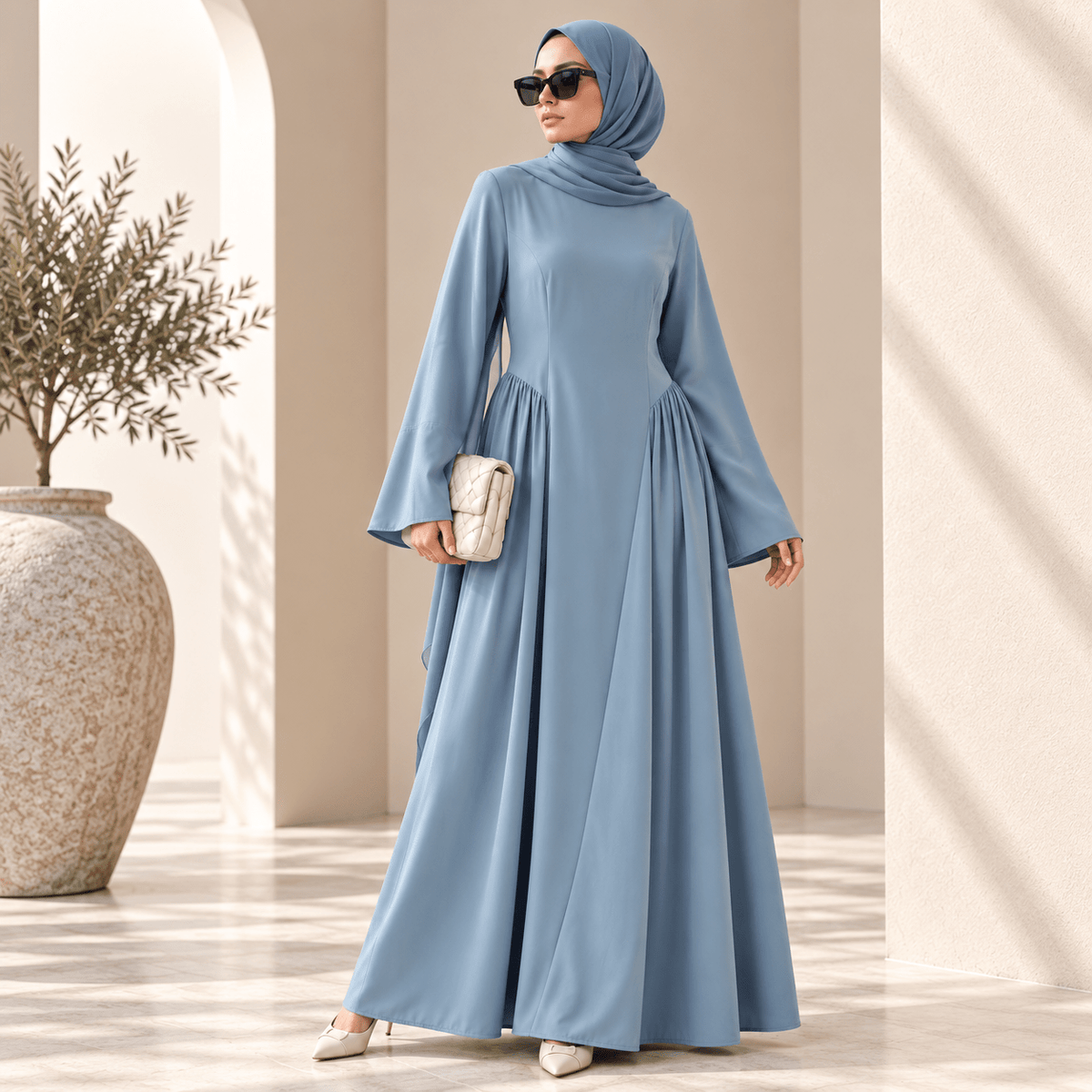 Back view of nida flared maxi dress with hidden zip