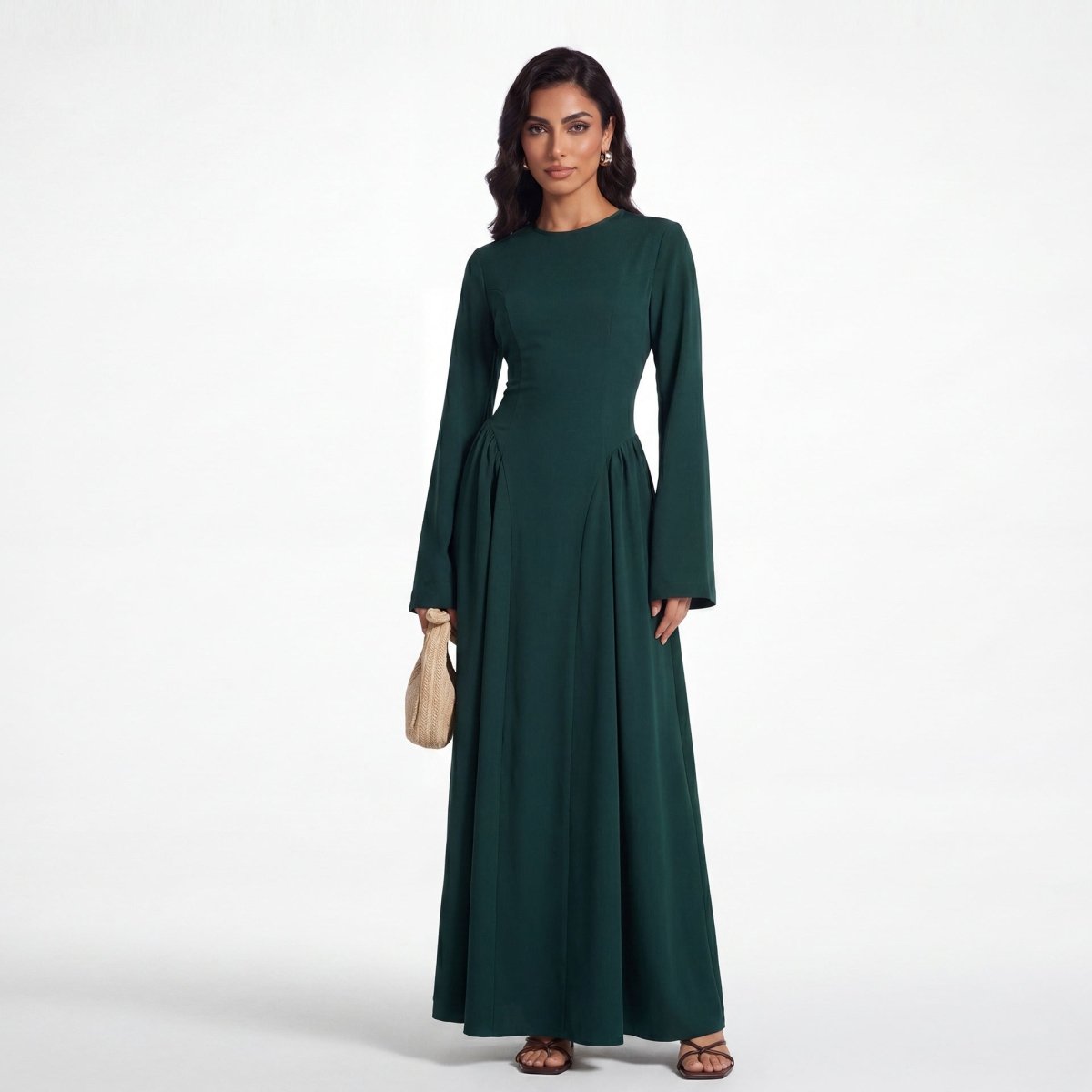 Front view of nida flared maxi dress showing fitted bodice and A-line skirt