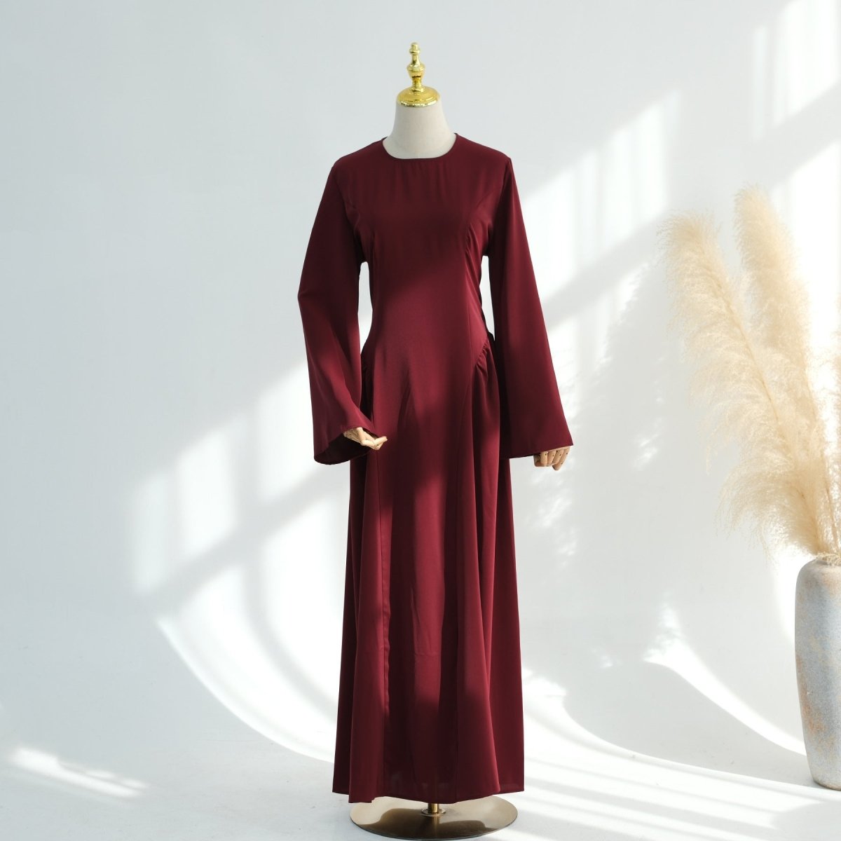 Bell sleeve cuff detail on elegant modest nida maxi dress