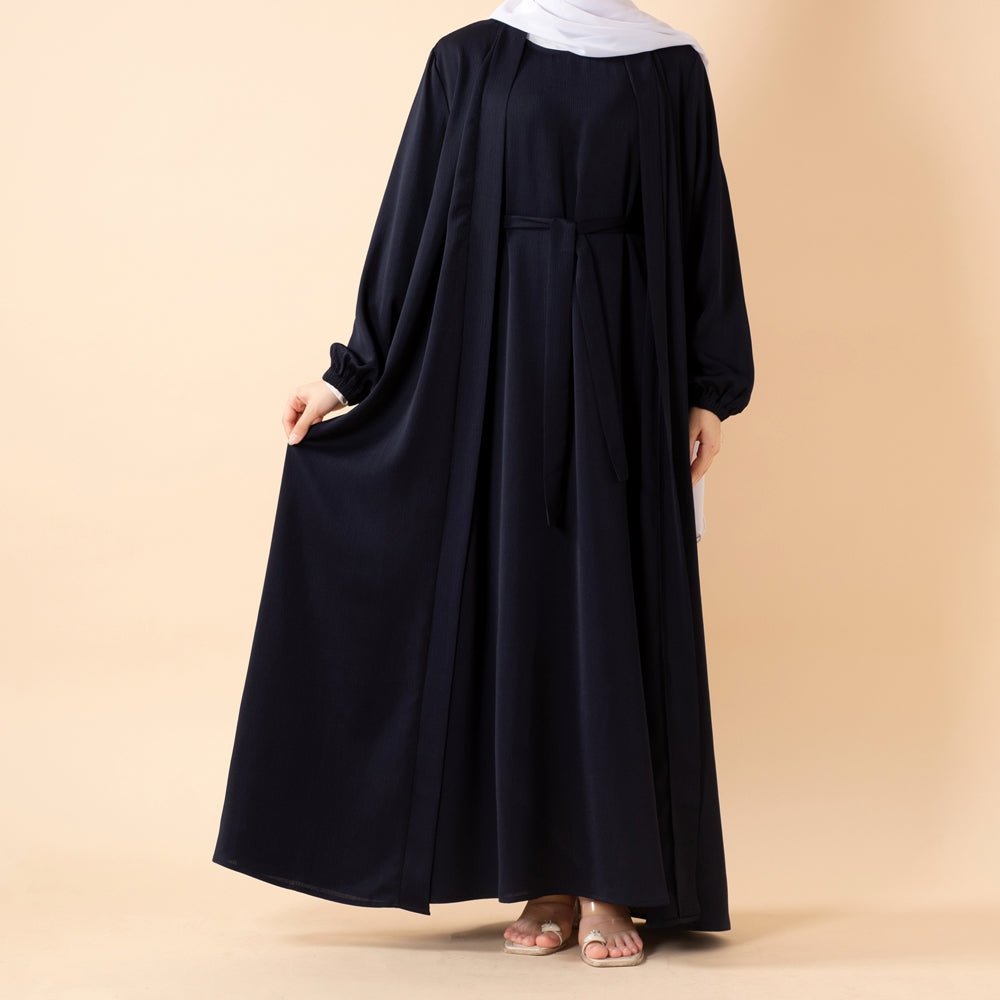 NIDA ZOOM Textured Abaya Set | 3 - Piece Modest Dress with Pockets & Belt(MOA239) - Mariam's Collection