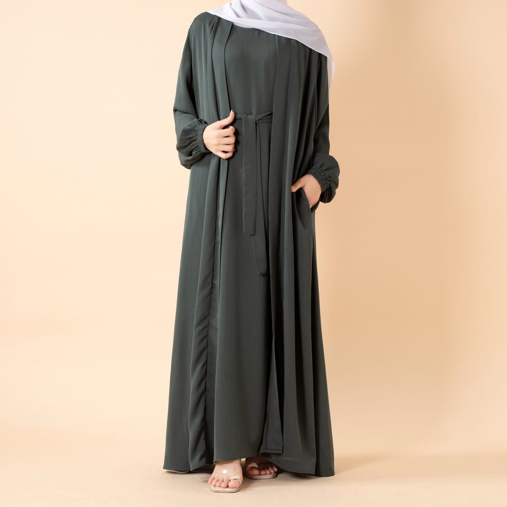 NIDA ZOOM Textured Abaya Set | 3 - Piece Modest Dress with Pockets & Belt(MOA239) - Mariam's Collection