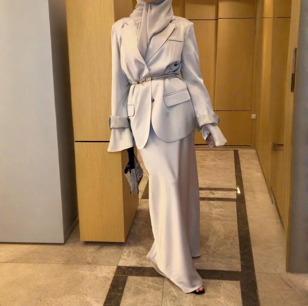 Notched Lapel Jacket with Maxi Dress(MS315) - Mariam's Collection