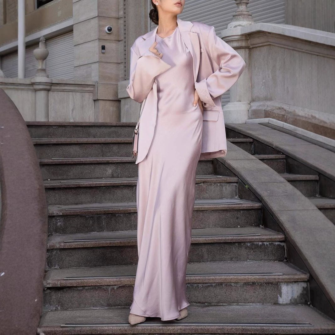 Notched Lapel Jacket with Maxi Dress(MS315) - Mariam's Collection