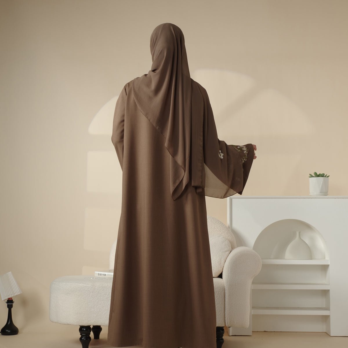 Olive Branch Embroidered Linen Abaya Set With Matching Belt & Hijab