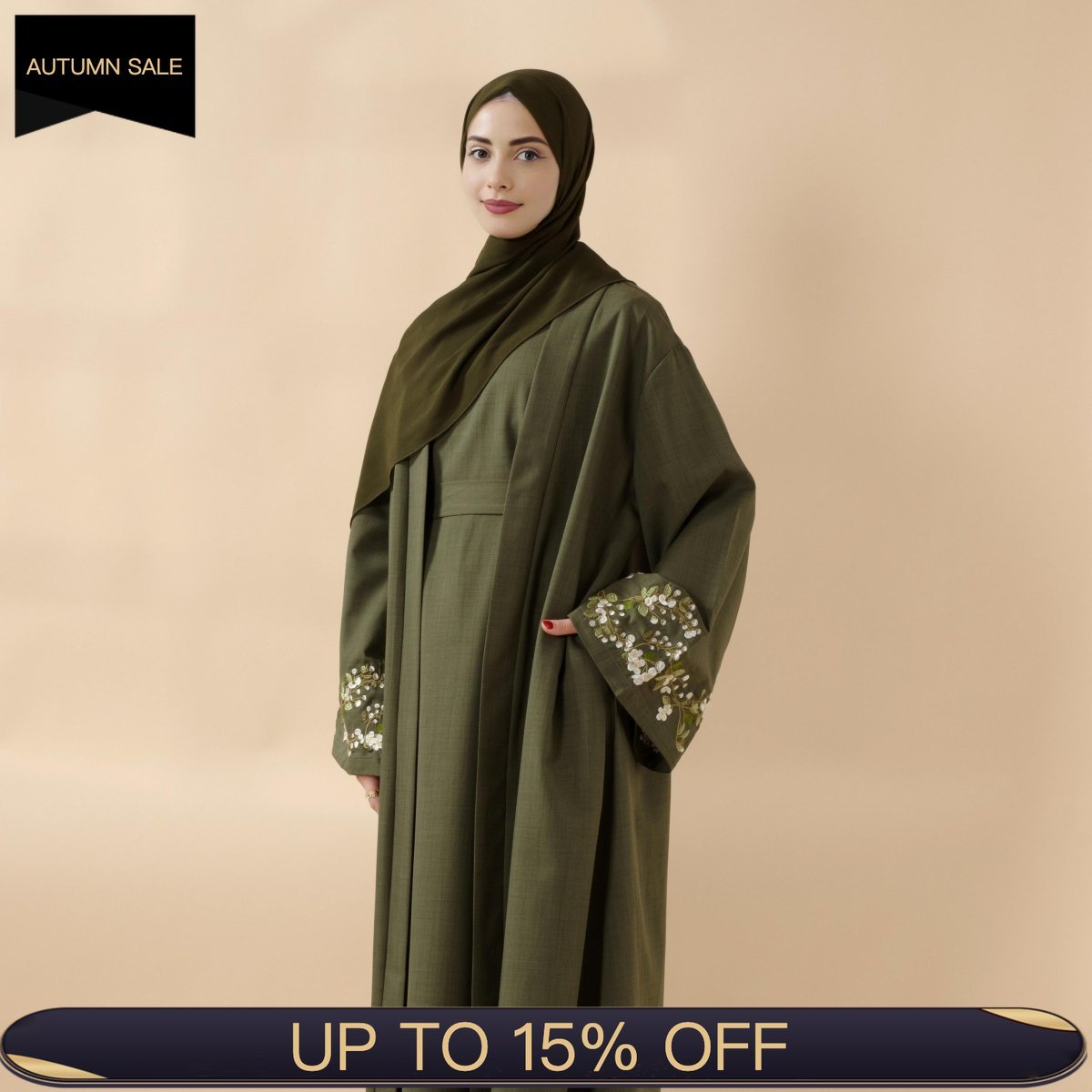 Olive Branch Embroidered Linen Abaya Set With Matching Belt & Hijab (MOA037) - Mariam's Collection