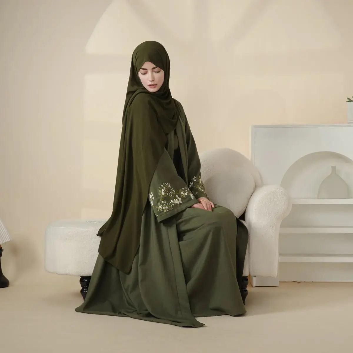 Olive Branch Embroidered Linen Abaya Set With Matching Belt & Hijab (MOA037) - Mariam's Collection