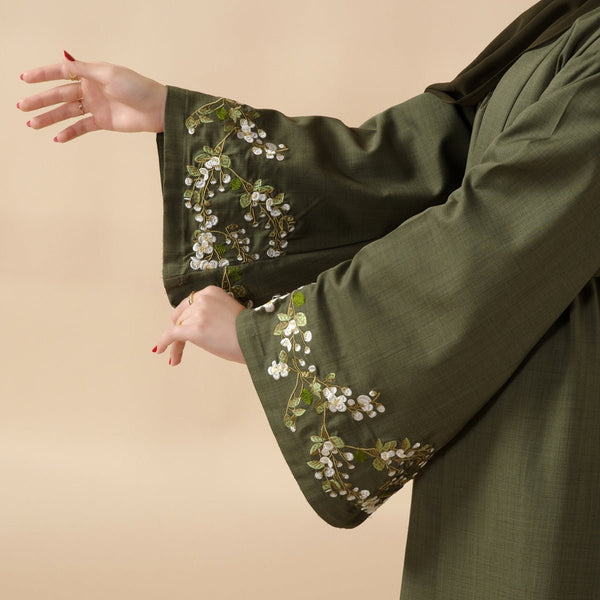 Olive Branch Embroidered Linen Abaya Set With Matching Belt & Hijab (MOA037) - Mariam's Collection