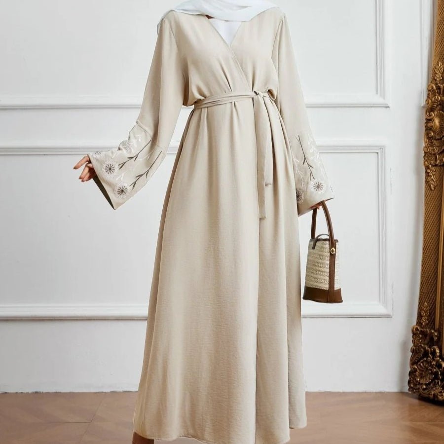 Olive Green Embroidered Abaya Set | Muslim Fashion Cardigan with Belt & Floral Embroidery (MOA166) - Mariam's Collection