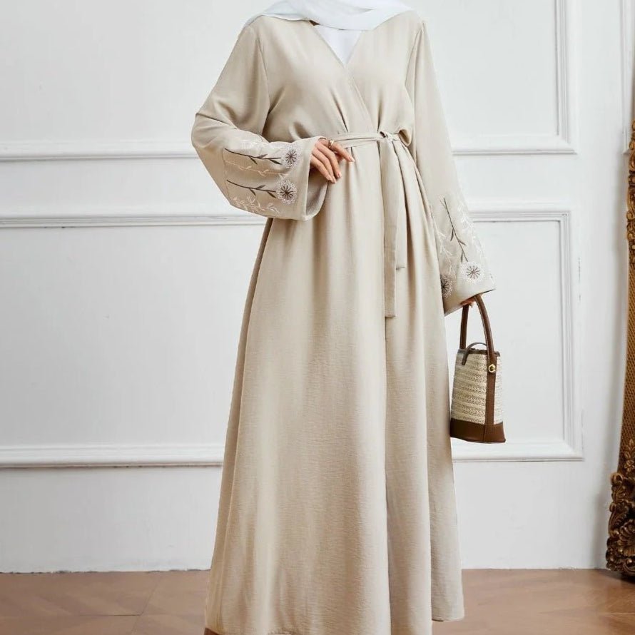 Olive Green Embroidered Abaya Set | Muslim Fashion Cardigan with Belt & Floral Embroidery (MOA166) - Mariam's Collection