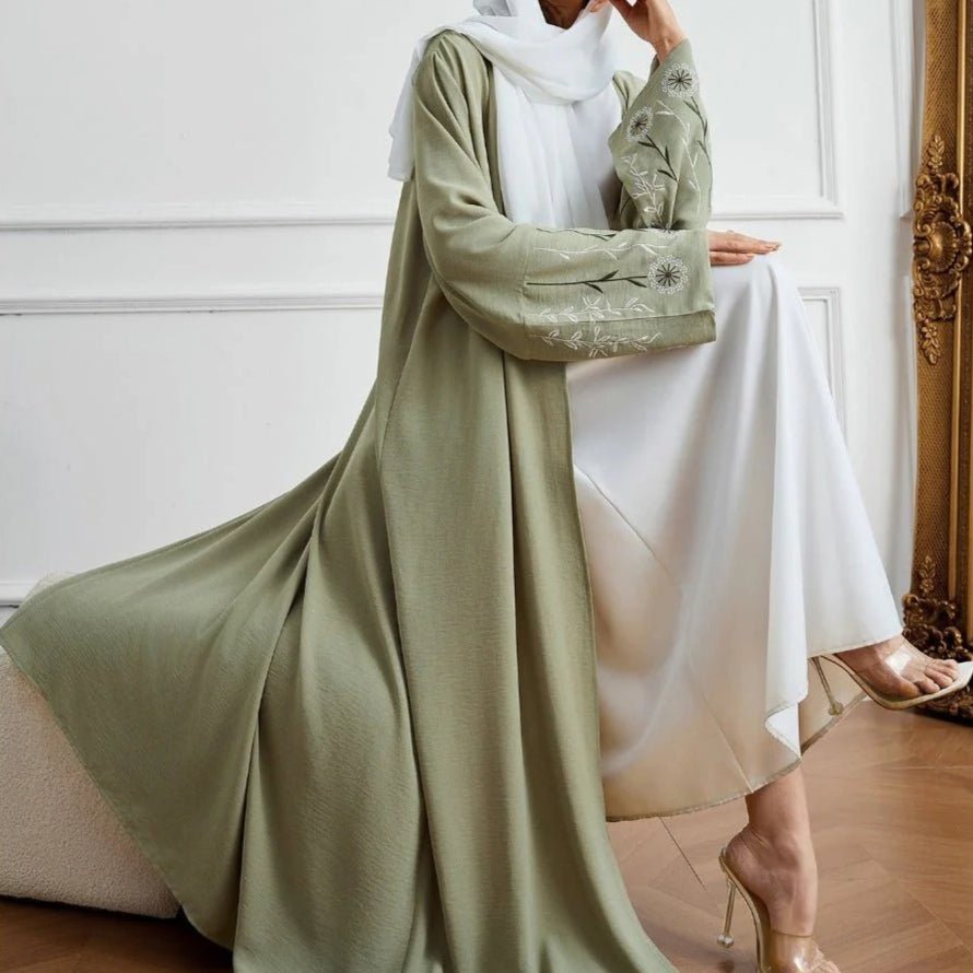 Olive Green Embroidered Abaya Set | Muslim Fashion Cardigan with Belt & Floral Embroidery (MOA166) - Mariam's Collection
