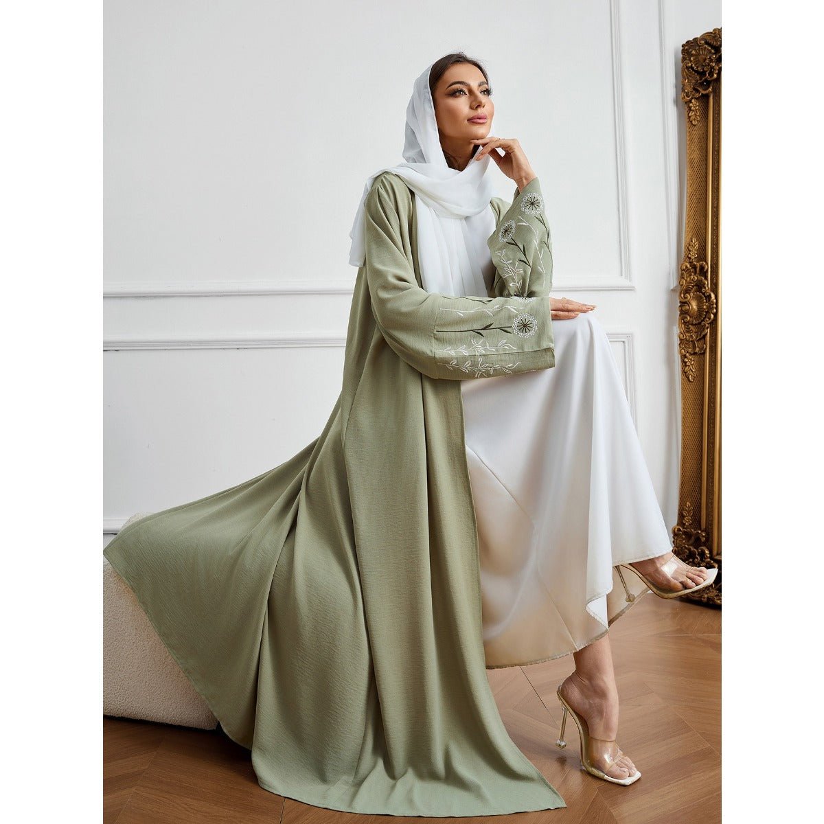 Olive Green Embroidered Abaya Set | Muslim Fashion Cardigan with Belt & Floral Embroidery.(MOA166) - Mariam's Collection