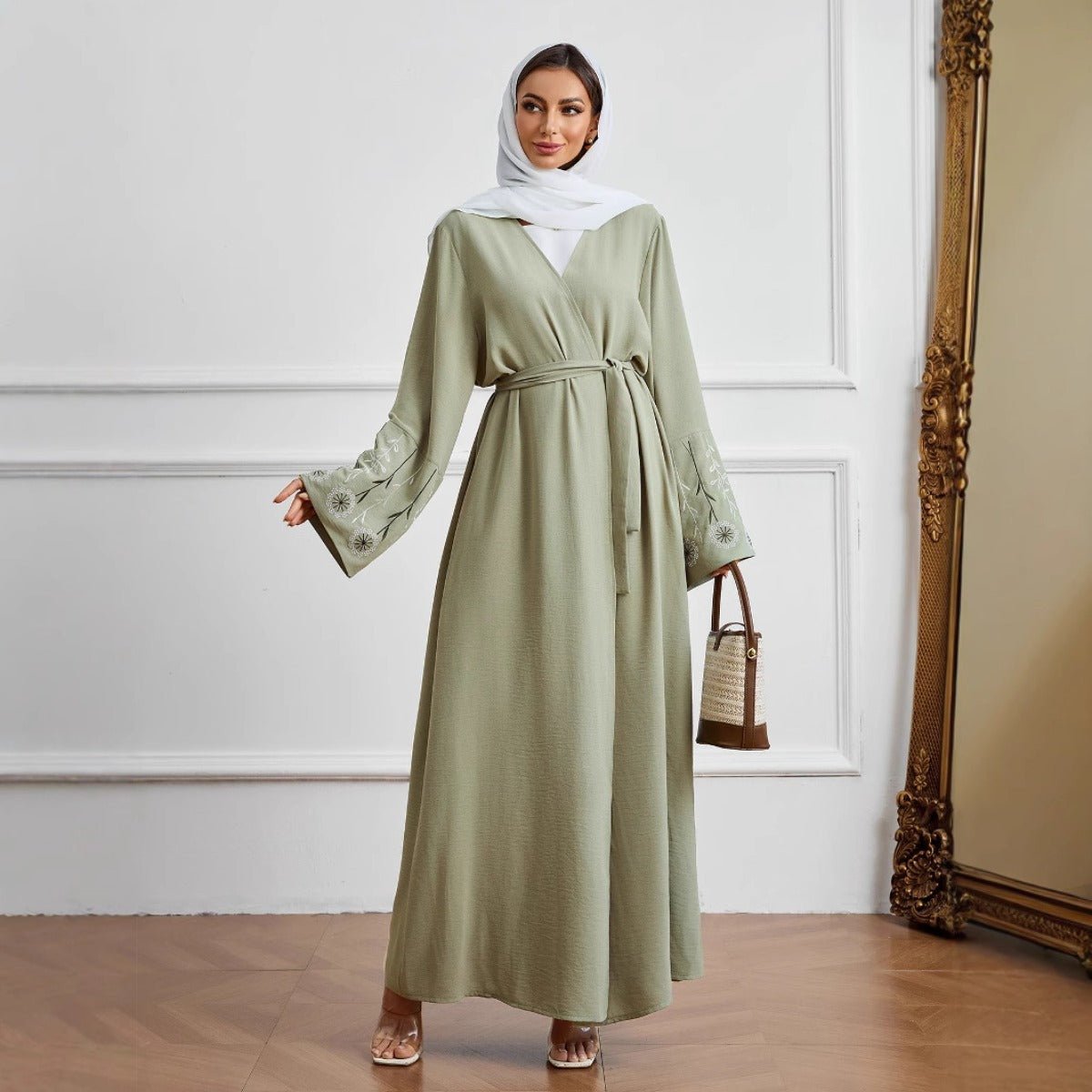 Olive Green Embroidered Abaya Set | Muslim Fashion Cardigan with Belt & Floral Embroidery.(MOA166) - Mariam's Collection