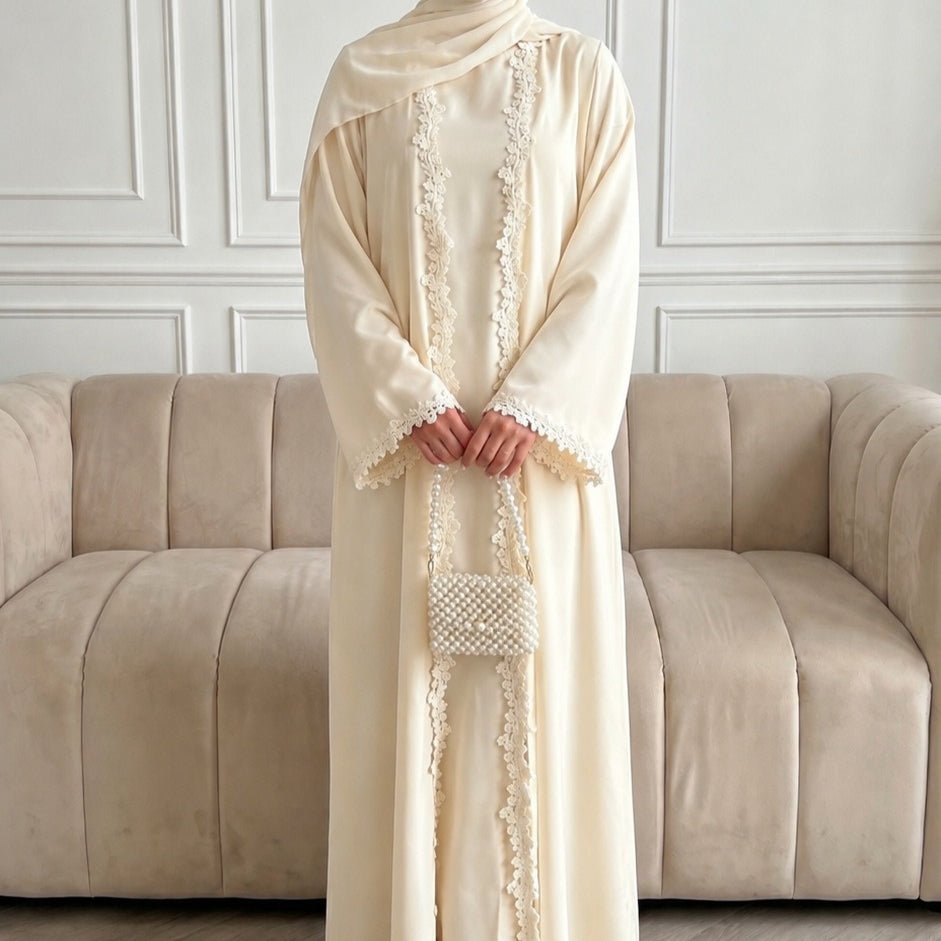 Open Front Abaya with 3D Floral Lace Trim(MOA318) - Mariam's Collection