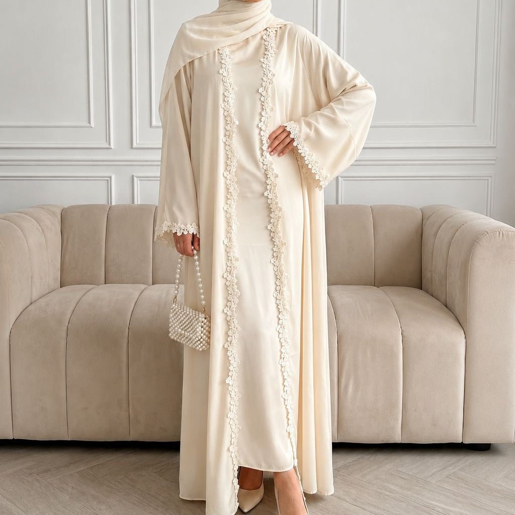 Open Front Abaya with 3D Floral Lace Trim(MOA318) - Mariam's Collection