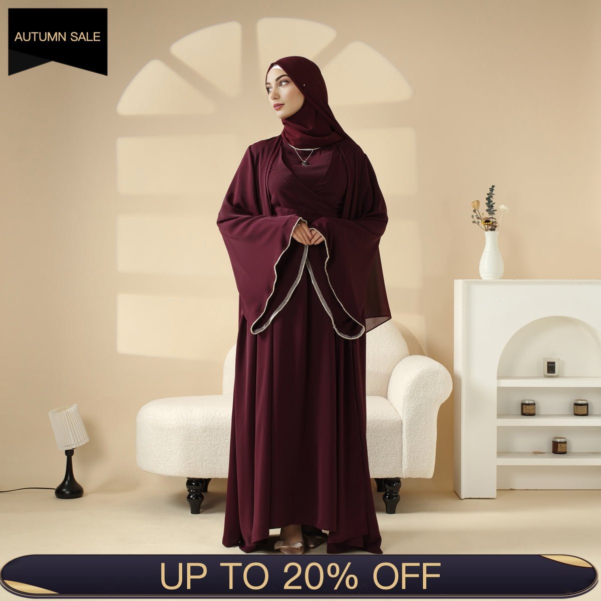 Open Kimono Abaya Set, Kimono Style Abaya 3 - Piece Set (MOA094) - Mariam's Collection