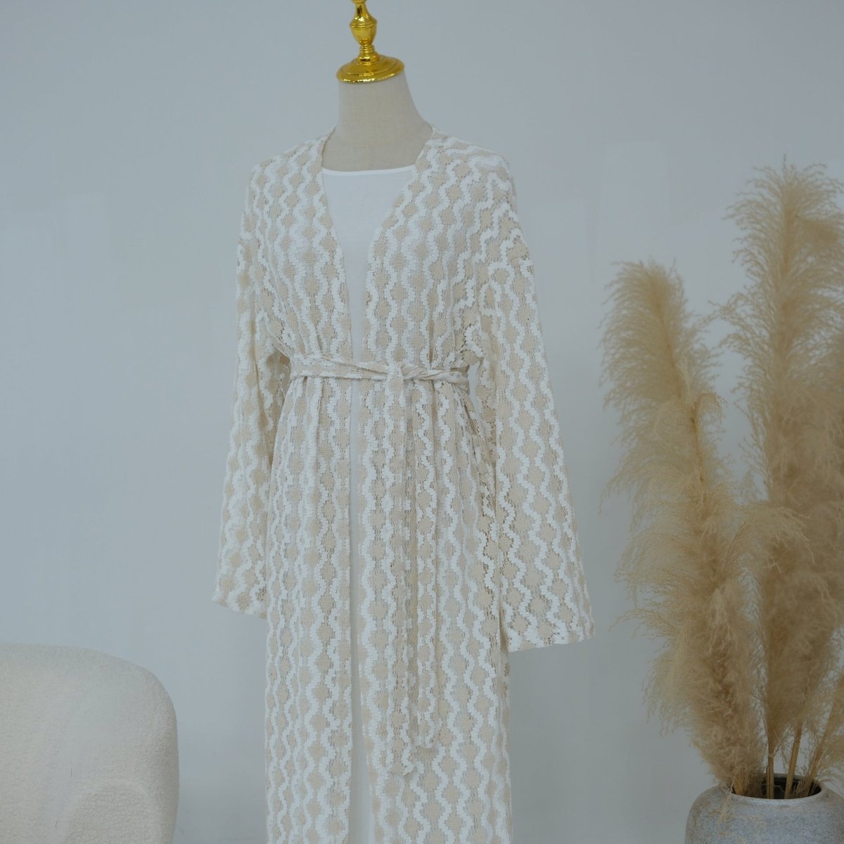 Back view of lace open abaya with relaxed straight silhouette