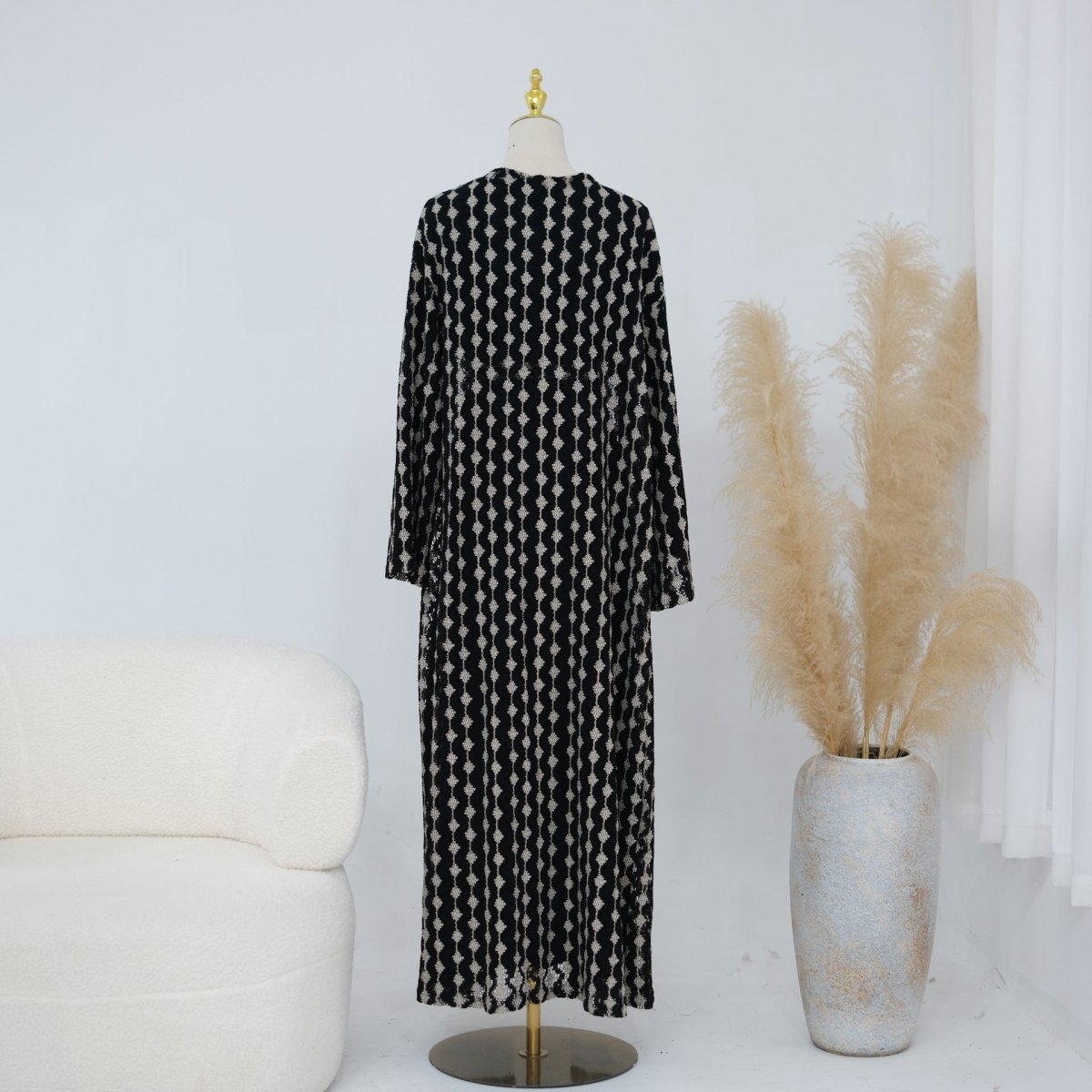 Lace open abaya showing full-length coverage and relaxed fit