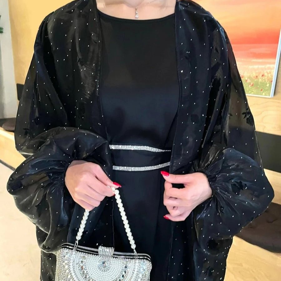 aayaページ Organza Rose Flower Embroidery Butterfly Open Abaya (MOA115