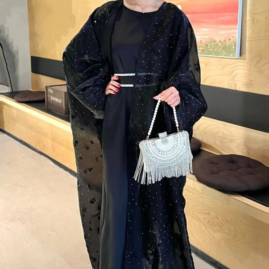 aayaページ Organza Rose Flower Embroidery Butterfly Open Abaya (MOA115