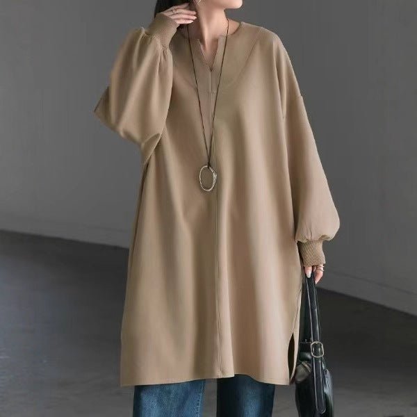 Oversized Cotton Sweatshirt Tunic | V - Neck Long Sleeve Pullover Top(MS210) - Mariam's Collection