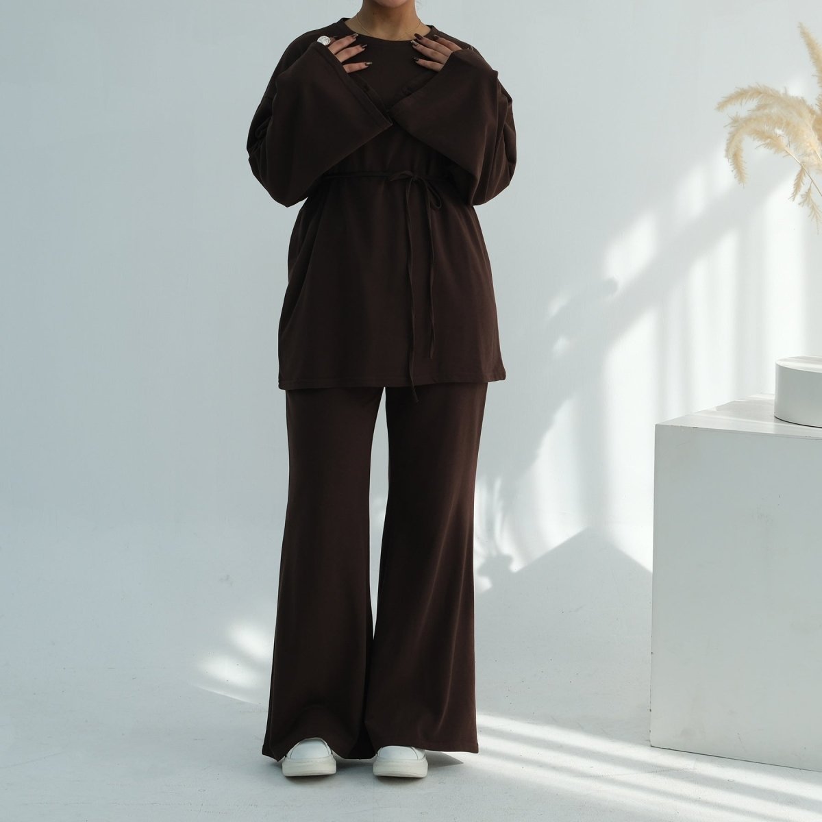 Side view of wide-leg pants and oversized top modest co-ord