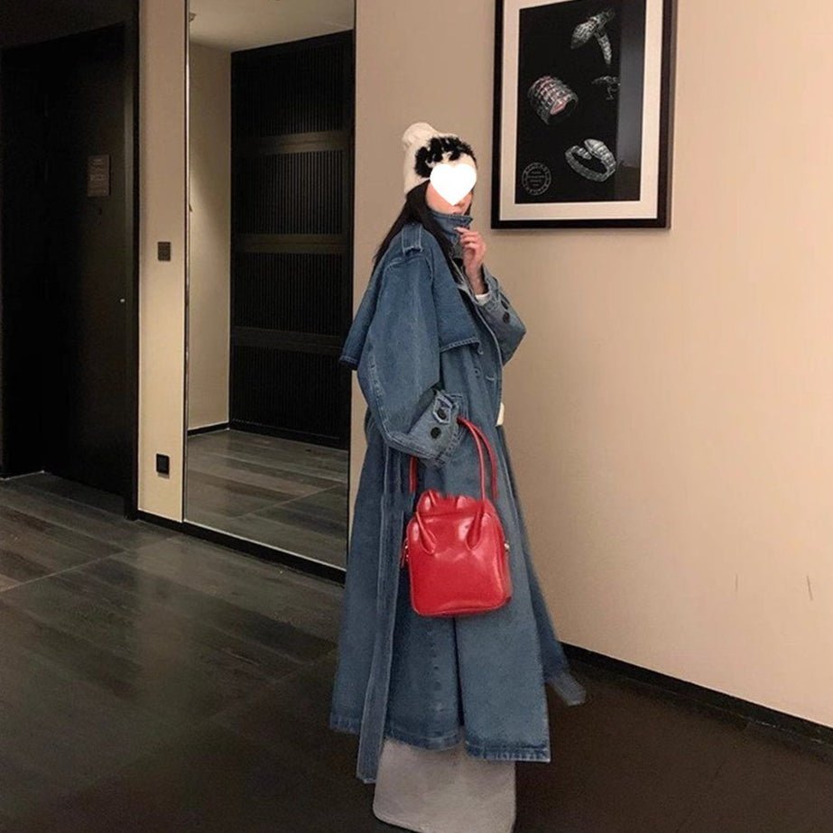 Oversized Denim Trench Coat | Belted Long Jacket with Notched Lapels(MS200) - Mariam's Collection
