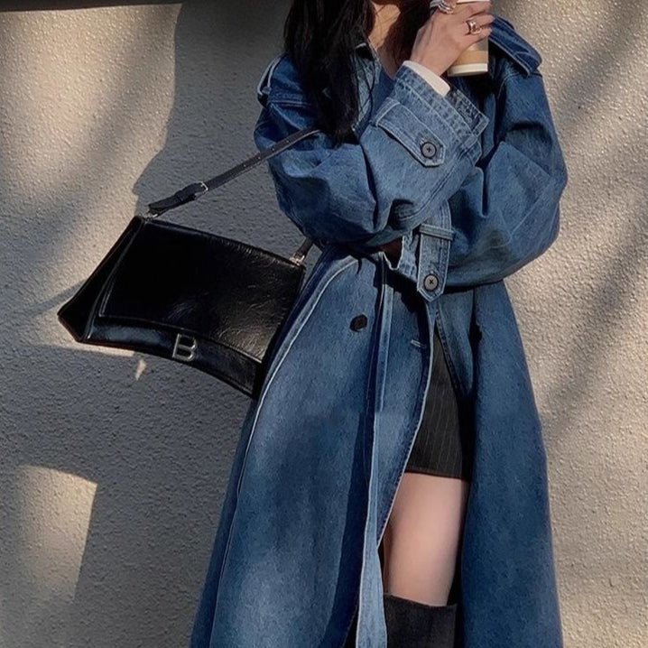 Oversized Denim Trench Coat | Belted Long Jacket with Notched Lapels(MS200) - Mariam's Collection