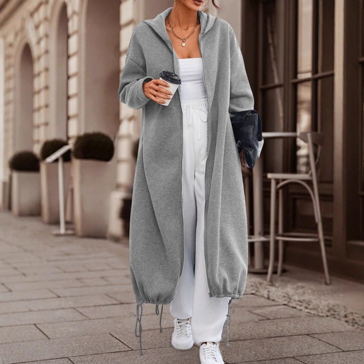 Oversized Fleece Jacket with Hood - Long Cozy Zipper Cardigan, Side Slit Design(MS107) - Mariam's Collection