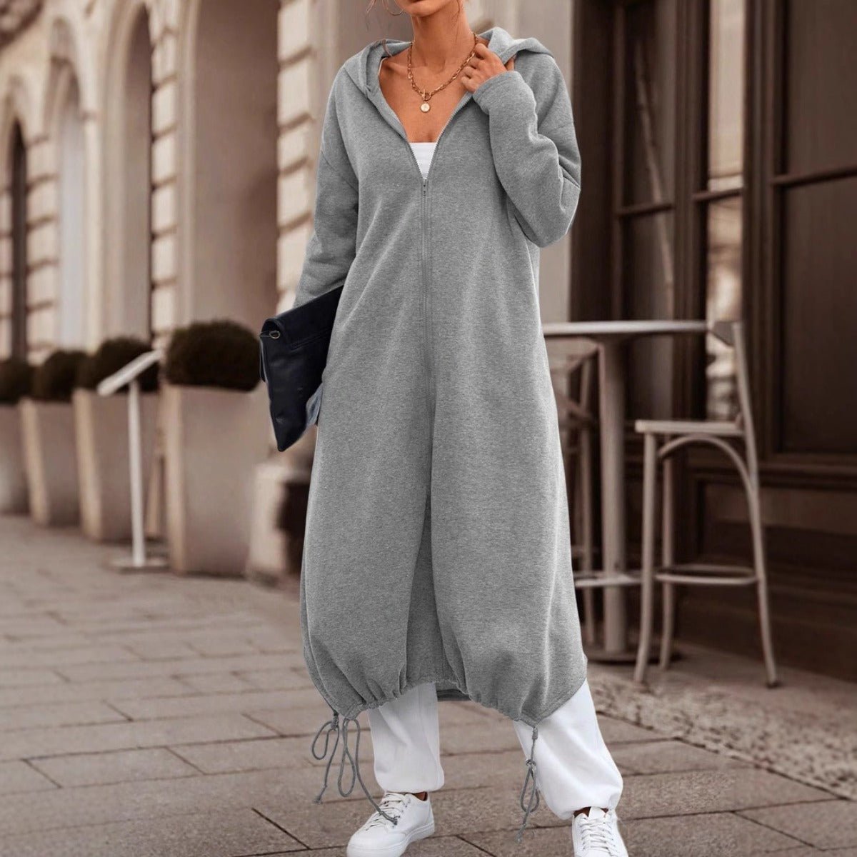 Oversized Fleece Jacket with Hood - Long Cozy Zipper Cardigan, Side Slit Design(MS107) - Mariam's Collection