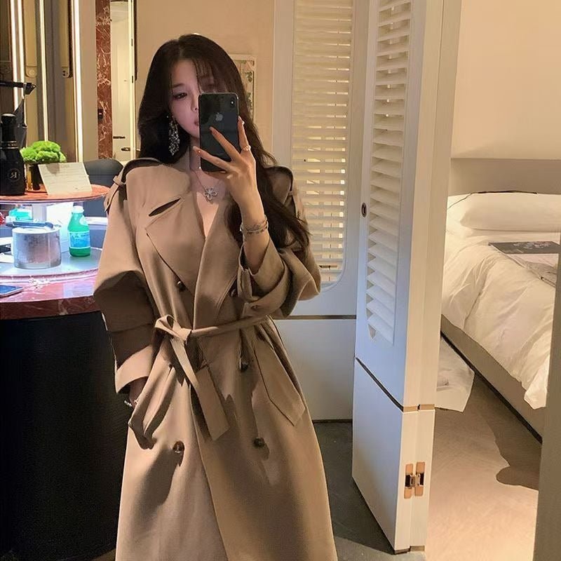Oversized Mid - Length Trench Coat | Double - Breasted Cape Back Design(MS147) - Mariam's Collection