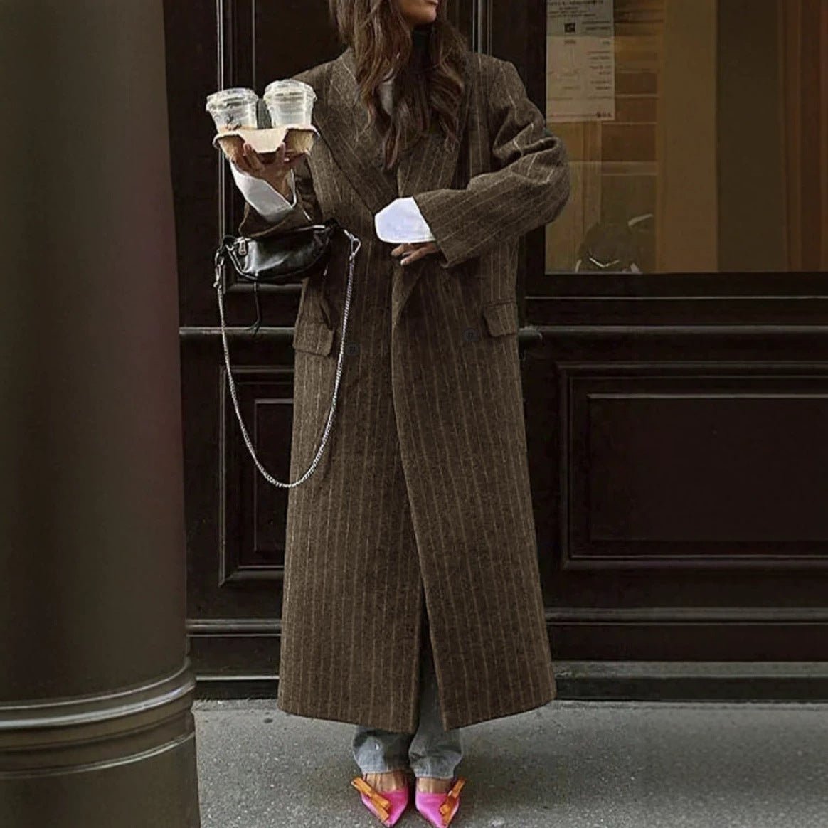 Oversized Pinstripe Maxi Coat(MS550) - Mariam's Collection