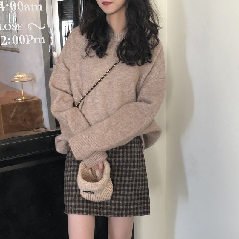 Oversized Round Neck Pullover Sweater | Solid Color Knit Base Layer Top(MS168) - Mariam's Collection