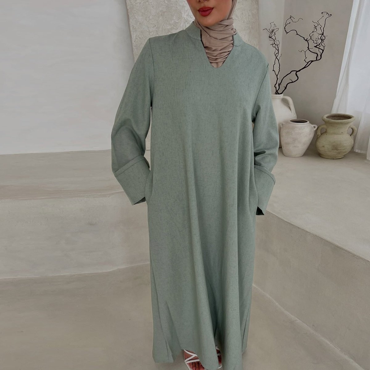 Oversized V - Neck Abaya with Pockets | Solid Color Maxi Dress with Wide Cuffs(MA331) - Mariam's Collection
