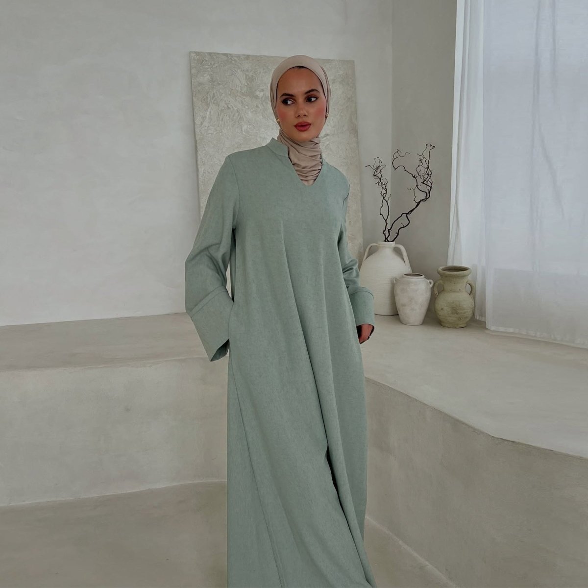 Oversized V - Neck Abaya with Pockets | Solid Color Maxi Dress with Wide Cuffs(MA331) - Mariam's Collection