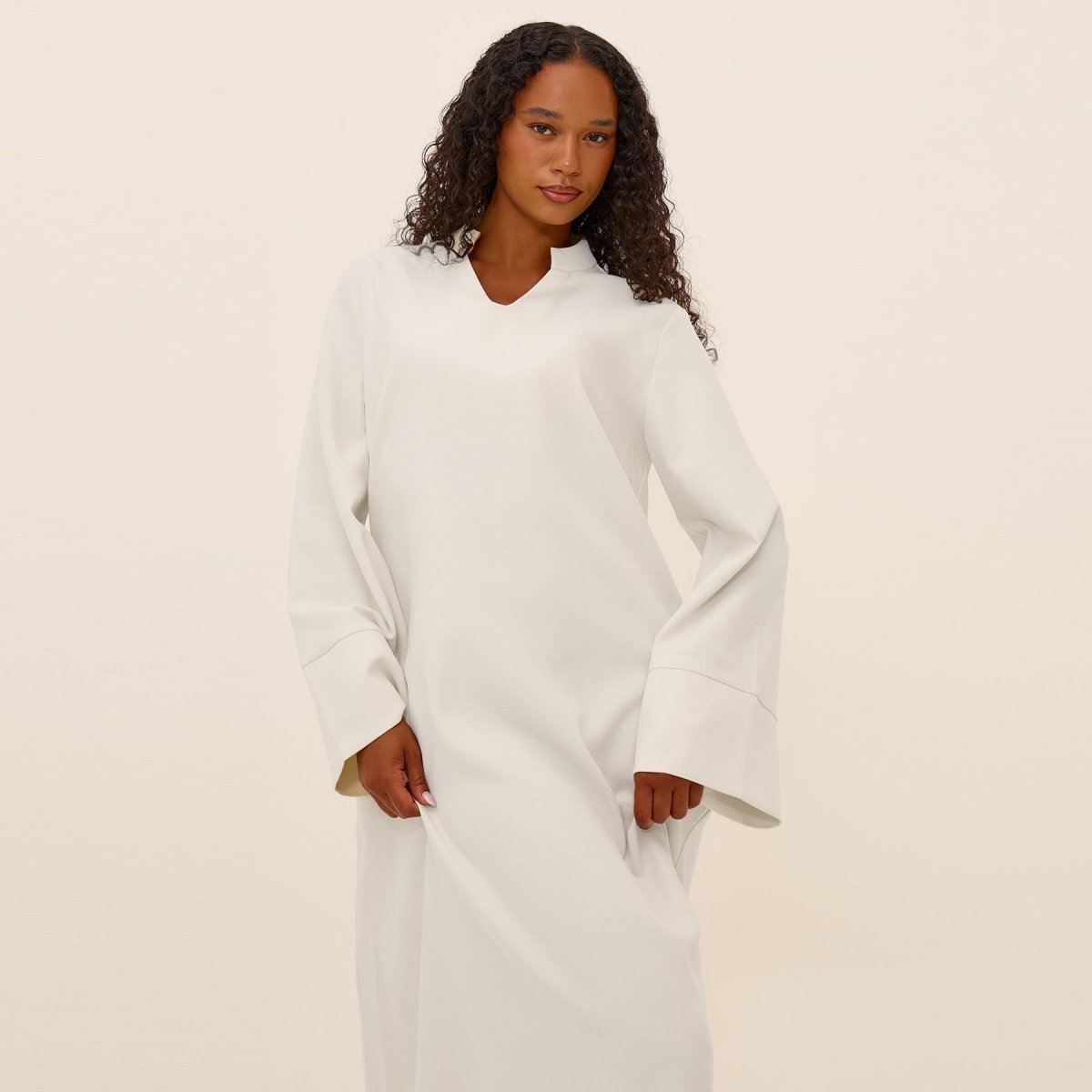 Oversized V - Neck Abaya with Pockets | Solid Color Maxi Dress with Wide Cuffs(MA331) - Mariam's Collection