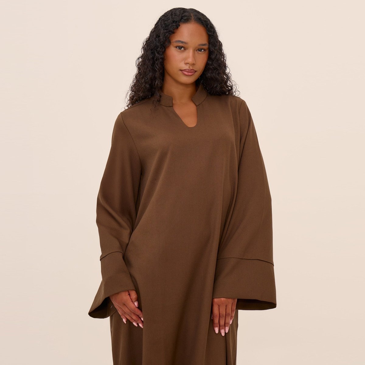 Oversized V - Neck Abaya with Pockets | Solid Color Maxi Dress with Wide Cuffs(MA331) - Mariam's Collection