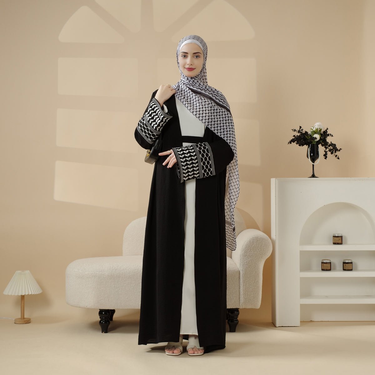 Palestine Kaffiyeh Embroidery Sleeve Colorful Keffiyeh Cardigan Open Abaya (MOA116) - Mariam's Collection