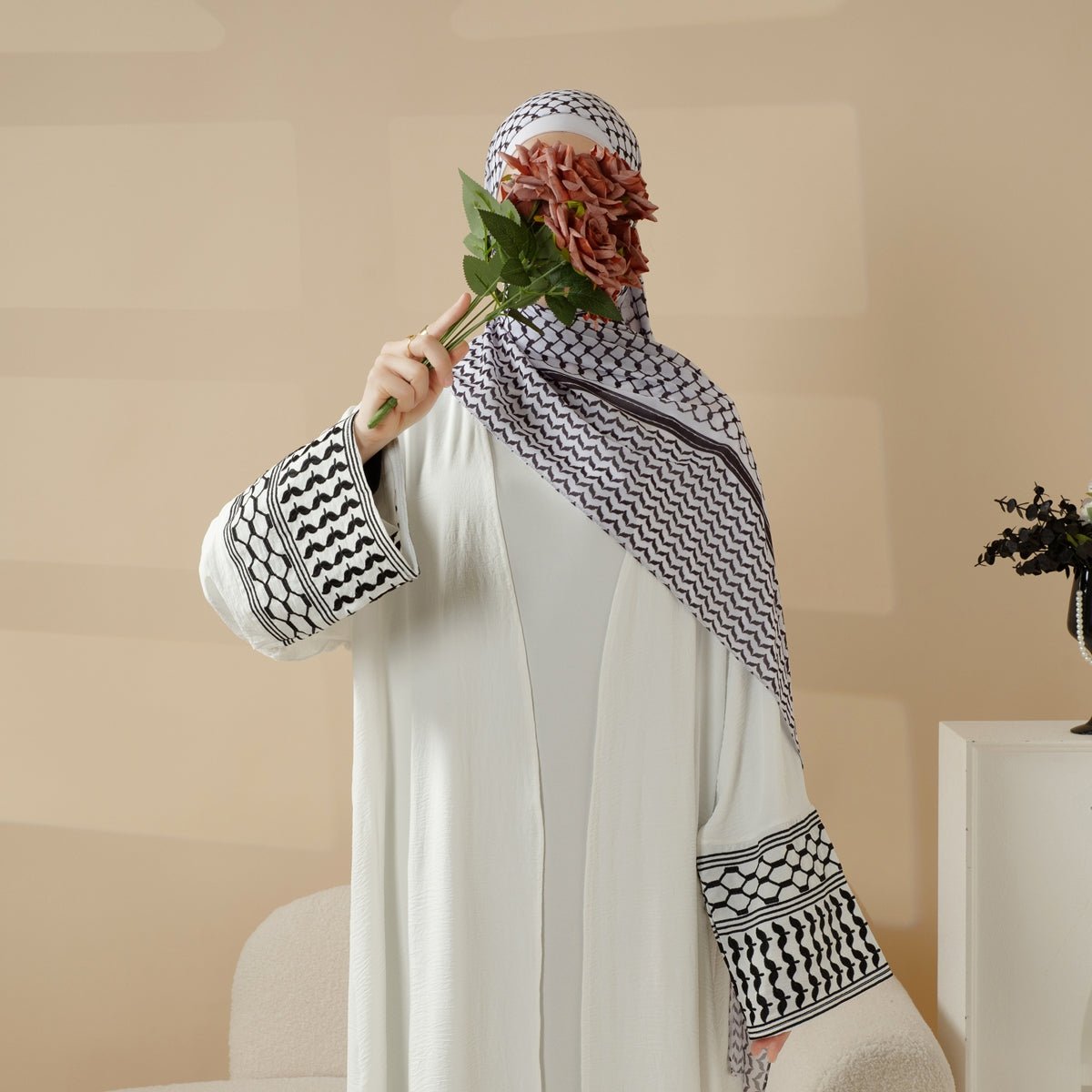 Palestine Kaffiyeh Embroidery Sleeve Colorful Keffiyeh Cardigan Open Abaya (MOA116) - Mariam's Collection