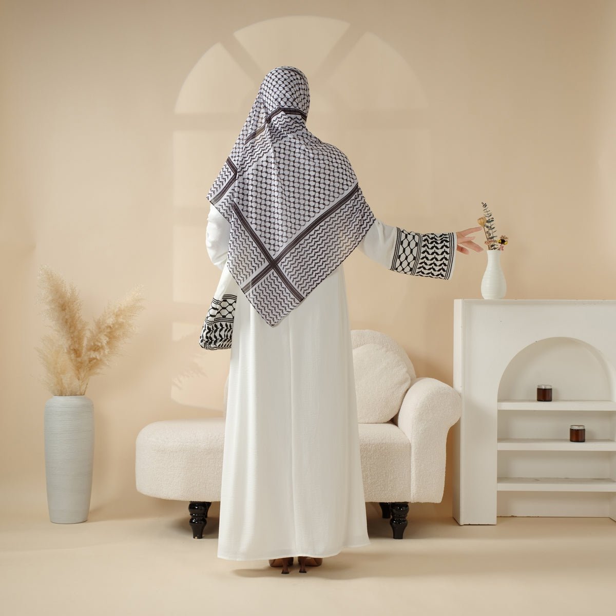 Palestinian - Inspired Design with Crossbody Bag Long Keffiyeh Abaya (MA131) - Mariam's Collection