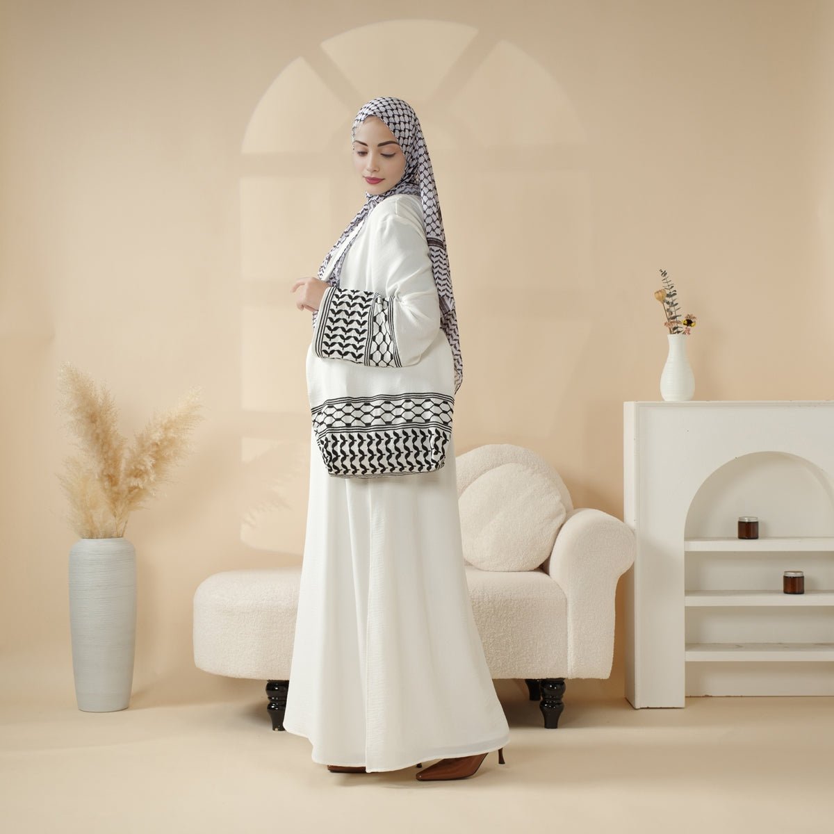 Palestinian - Inspired Design with Crossbody Bag Long Keffiyeh Abaya (MA131) - Mariam's Collection