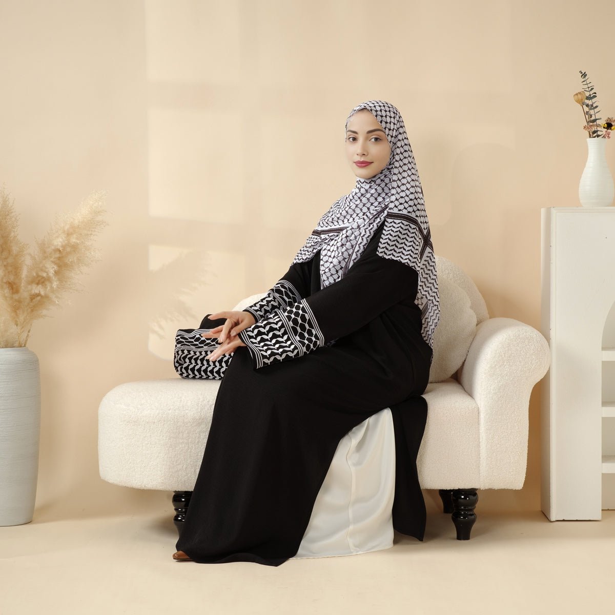 Palestinian - Inspired Design with Crossbody Bag Long Keffiyeh Abaya (MA131) - Mariam's Collection