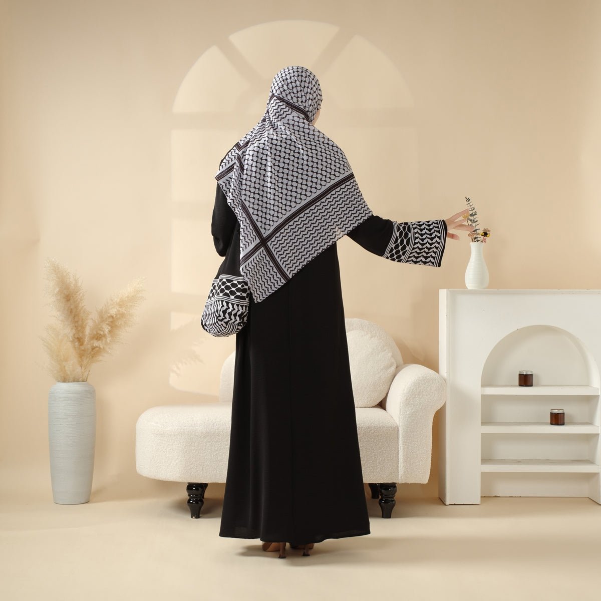 Palestinian - Inspired Design with Crossbody Bag Long Keffiyeh Abaya (MA131) - Mariam's Collection