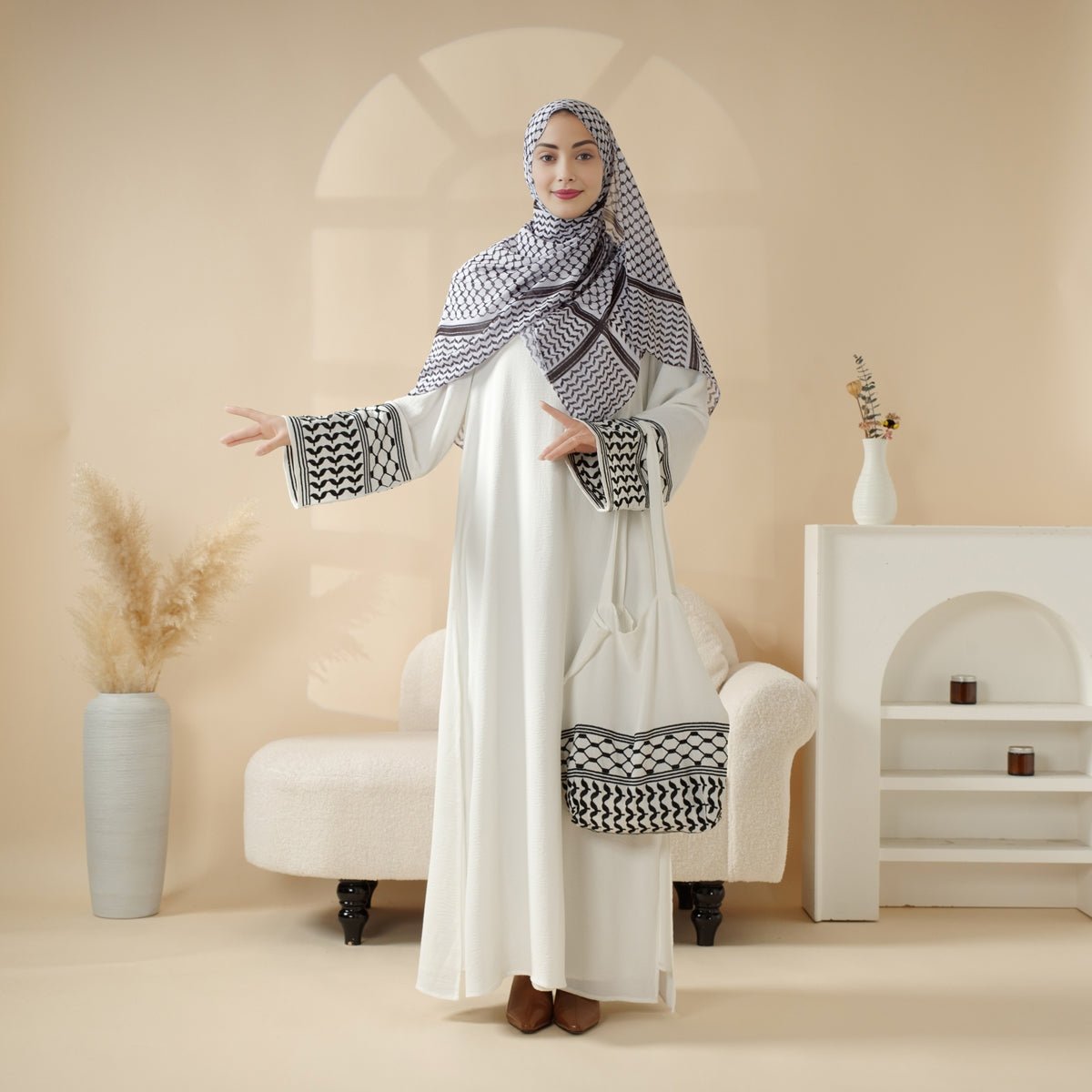 Palestinian - Inspired Design with Crossbody Bag Long Keffiyeh Abaya (MA131) - Mariam's Collection